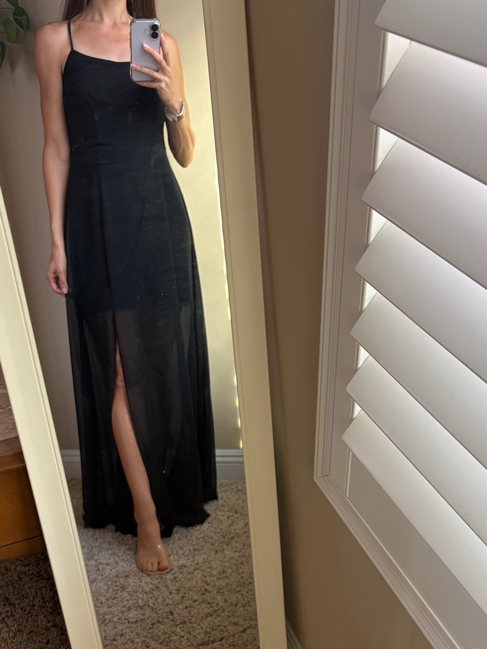 Express Black Maxi Dress Small Petite Spaghetti Strap Lace Up Back Sheer Overlay